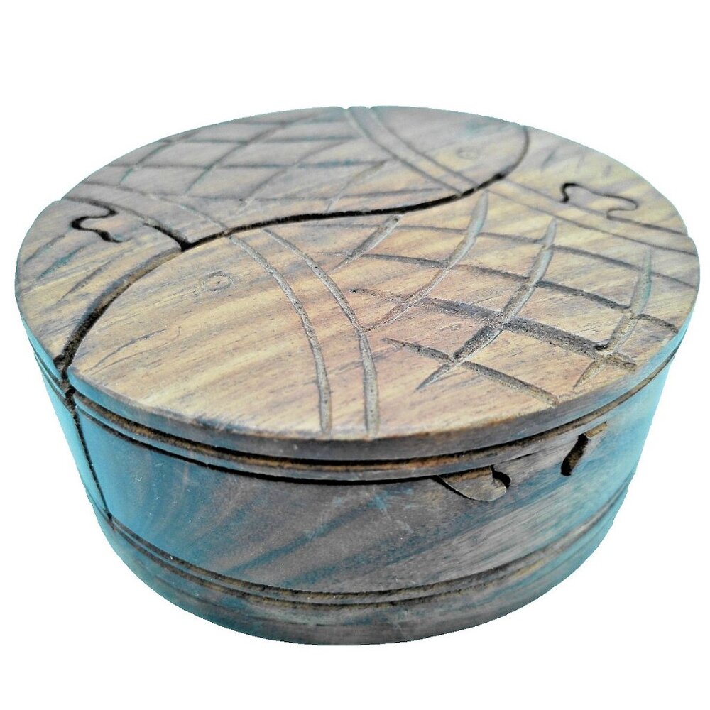 Fish Shaped Wooden Puzzle Box Handmade Carved Trinket Round Made in India 5" Vtg